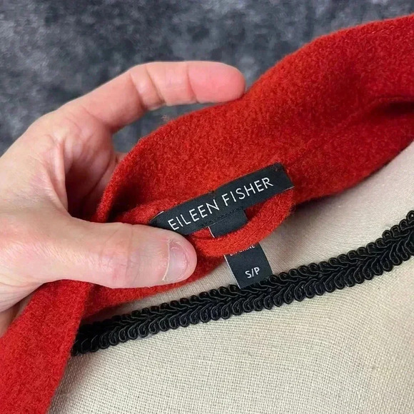 Eileen Fisher Wool Snap Cape Cardigan Jacket Red Orange Lagenlook Leather - Picture 9 of 12